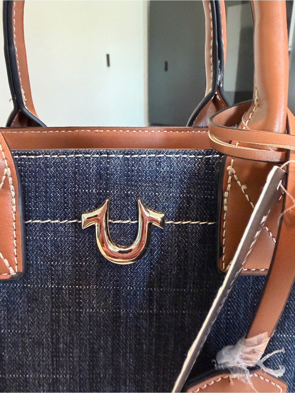 True Religion Navy Denim Tote with Tan Leather Handles - Picture 4 of 10